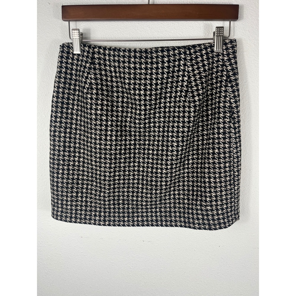 H&M Women Skirt Black White Size 8 Houndstooth Wool Blend Preppy Classic